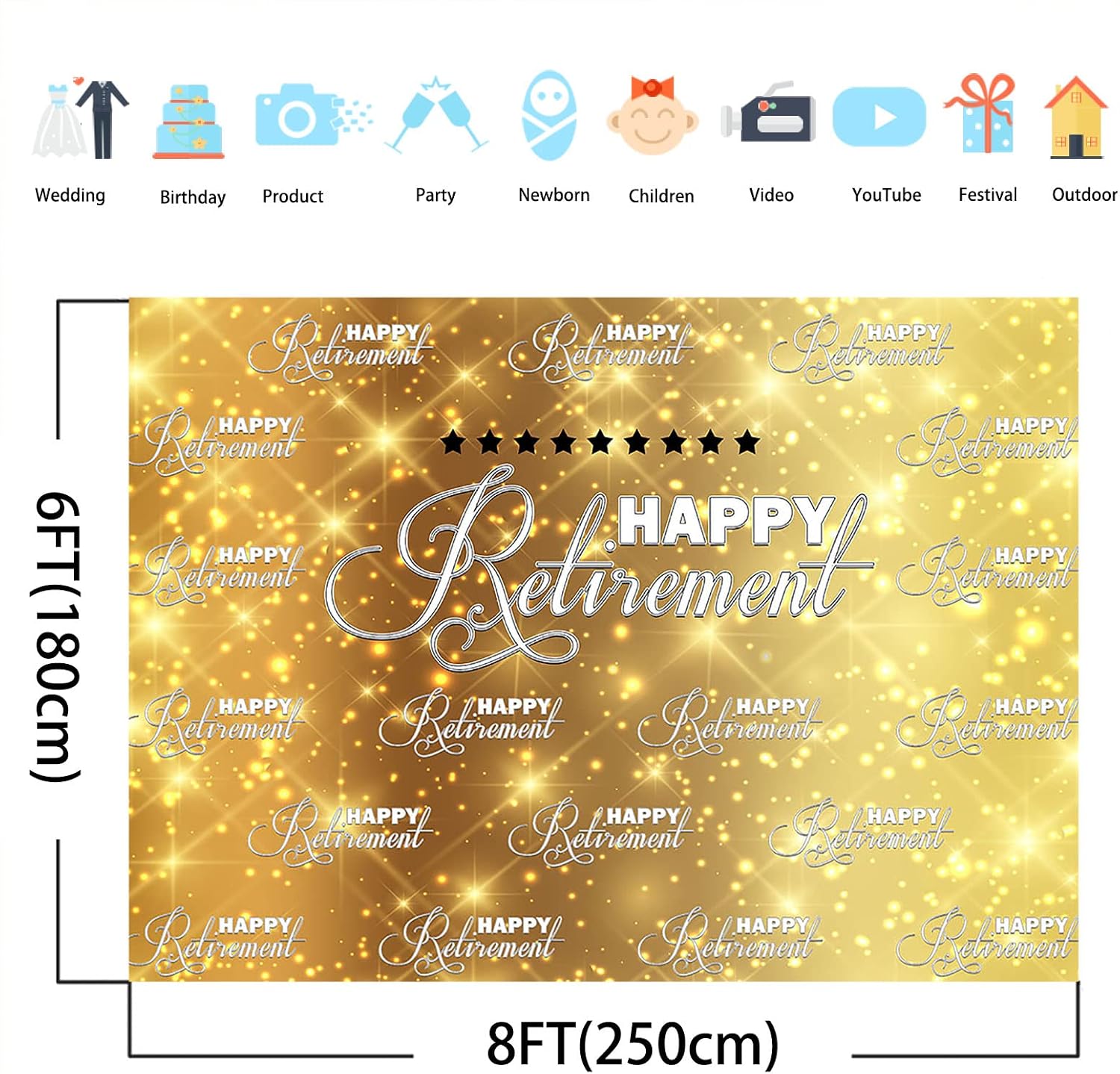 Avezano Happy Retirement Backdrop Gold Glitter Step and Repeat Retirement Party Background Congrats Retire Photo Booth Backdrop Props Supplies (8x6)