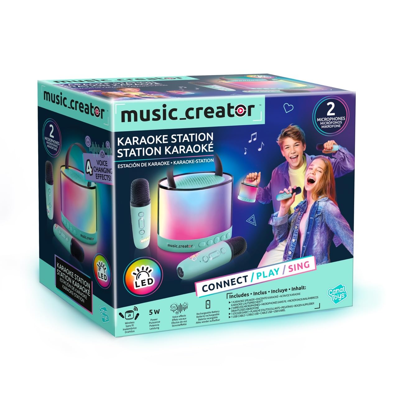 Canal Toys – Music Creator - Station Karaoké Bluetooth Portable – 2 Micros sans Fil, Effets Vocaux & Lumières LED – Enceinte Karaoke Enfant – 4 Effets de Voix - Cadeau Anniversaire - INF 044