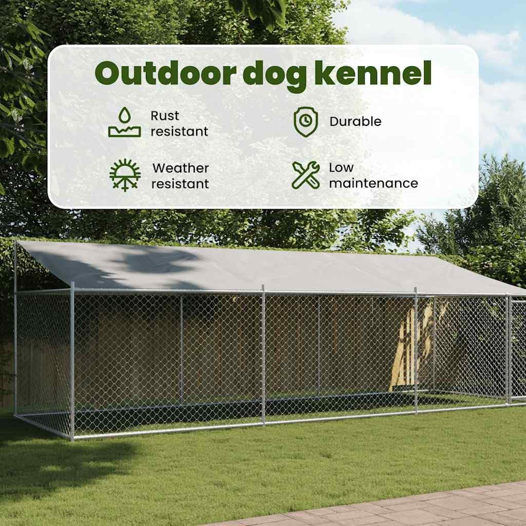 vidaXL Outdoor Dog Kennel with Roof - Gray Galvanized Steel Animal Cage, Ventilated Mesh, Lockable Door, Weather, 19.7' x 6.6
