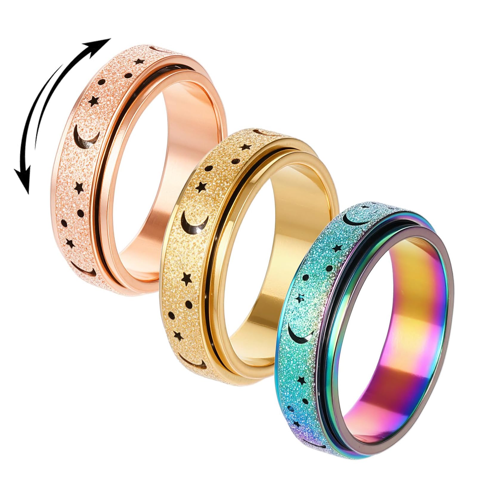 3pcs Anxiety Ring, Rings for Man, Fidget Ring, Stress Relief During Work Breaks, Daily Fashion Accessory, Golden, Rose Gold, Colorful US Size 10-image-49