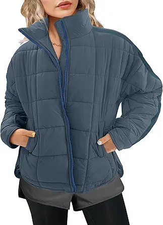 LEANI Women's Oversized Lightweight Puffer Jackets Long Sleeve Zipper Short Down Coat with Pockets