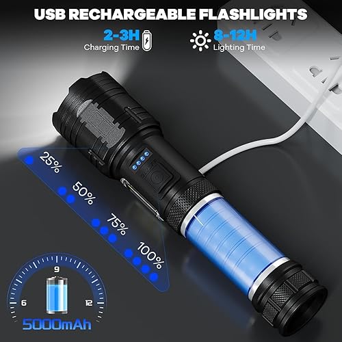 Miniatura 3 de Linternas recargables de alto lúmenes, paquete de 2 unidades, 90,000 lúmenes, linterna súper brillante, luz LED potente, 7 modos con luz de trabajo