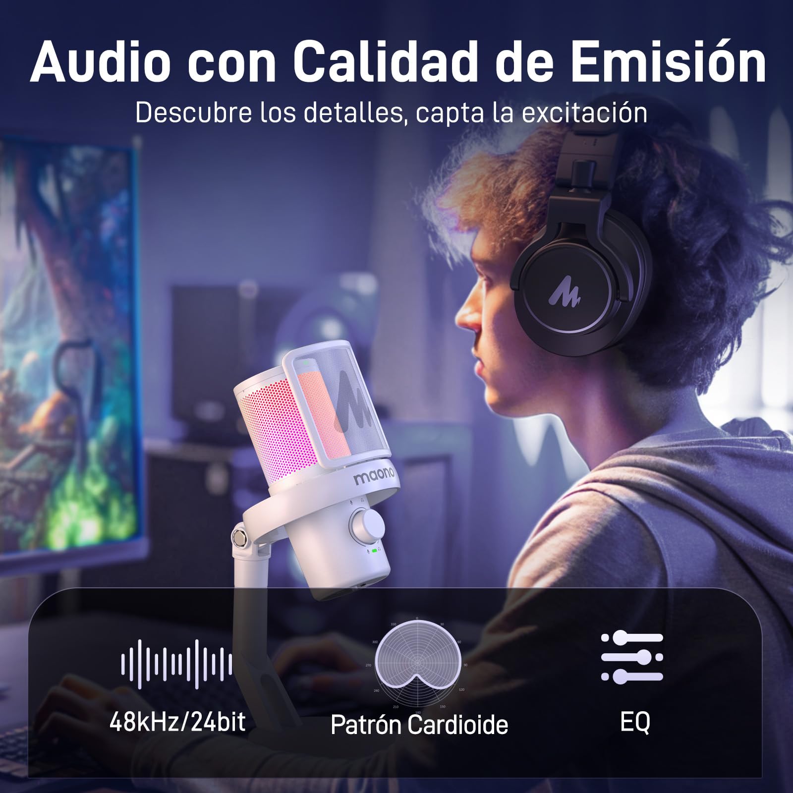 MAONO Microfono Inalambrico para PC, Microfono PC con Software de Cambiador de Voz con IA, Cancelación de Ruido, EQ Personalizado, Luces RGB Ajustables para Juegos, Podcasting, Streaming, DM40 Blanco