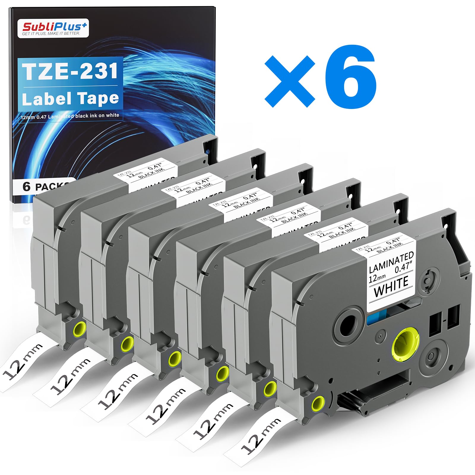 TZe-231 Label Maker Tape, 12mm 0.47 Black on White Laminated, Compatible Labeling Tape Cassette Replacement for PT-H110 PT-E110 PT-D210 H100R H100LB H108 H101C H200 D210VP P300BT and More, 6 Packs
