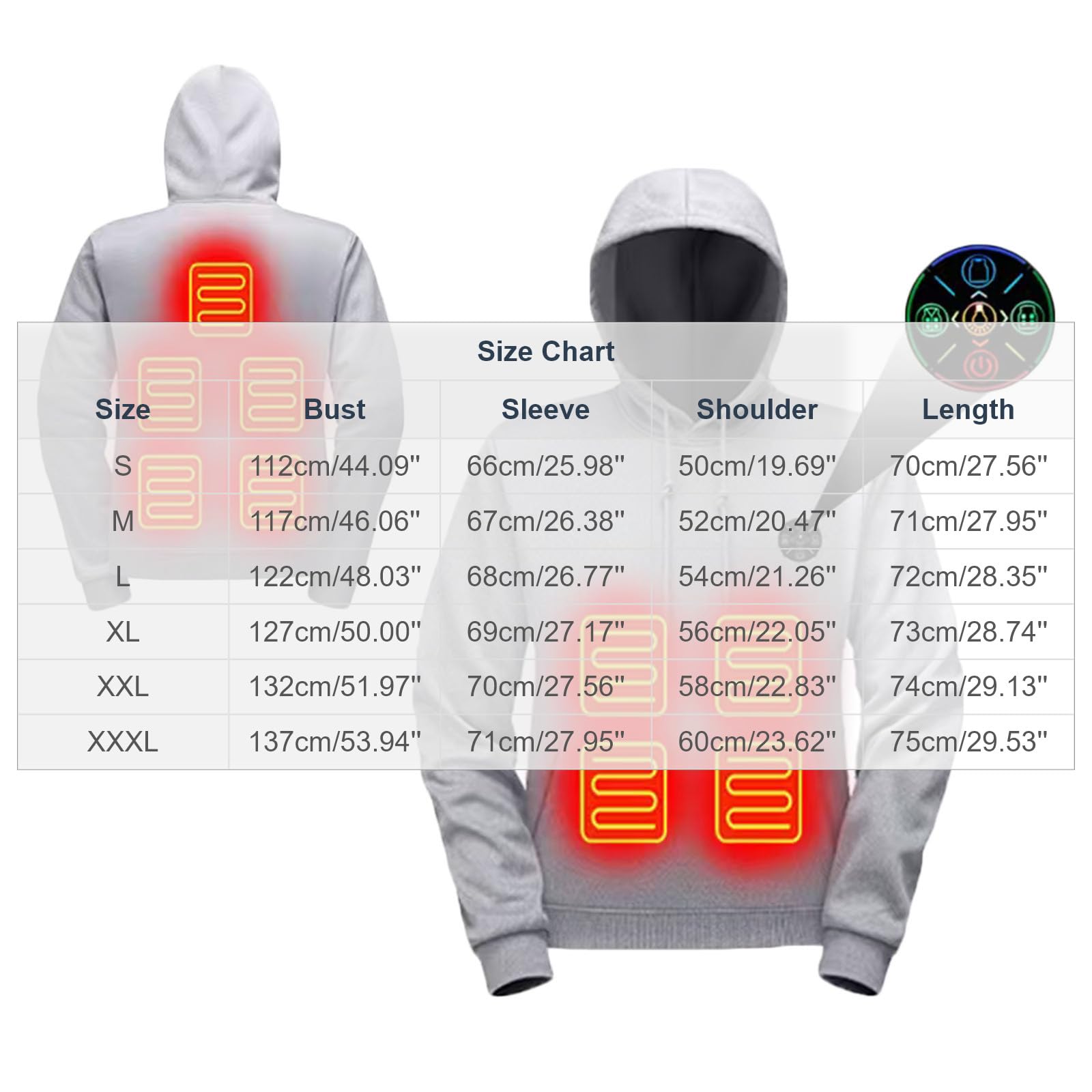 Herren Beheizbare Hoodie mit 9 Heizzonen Winter Sweatshirt Kapuzenpullover