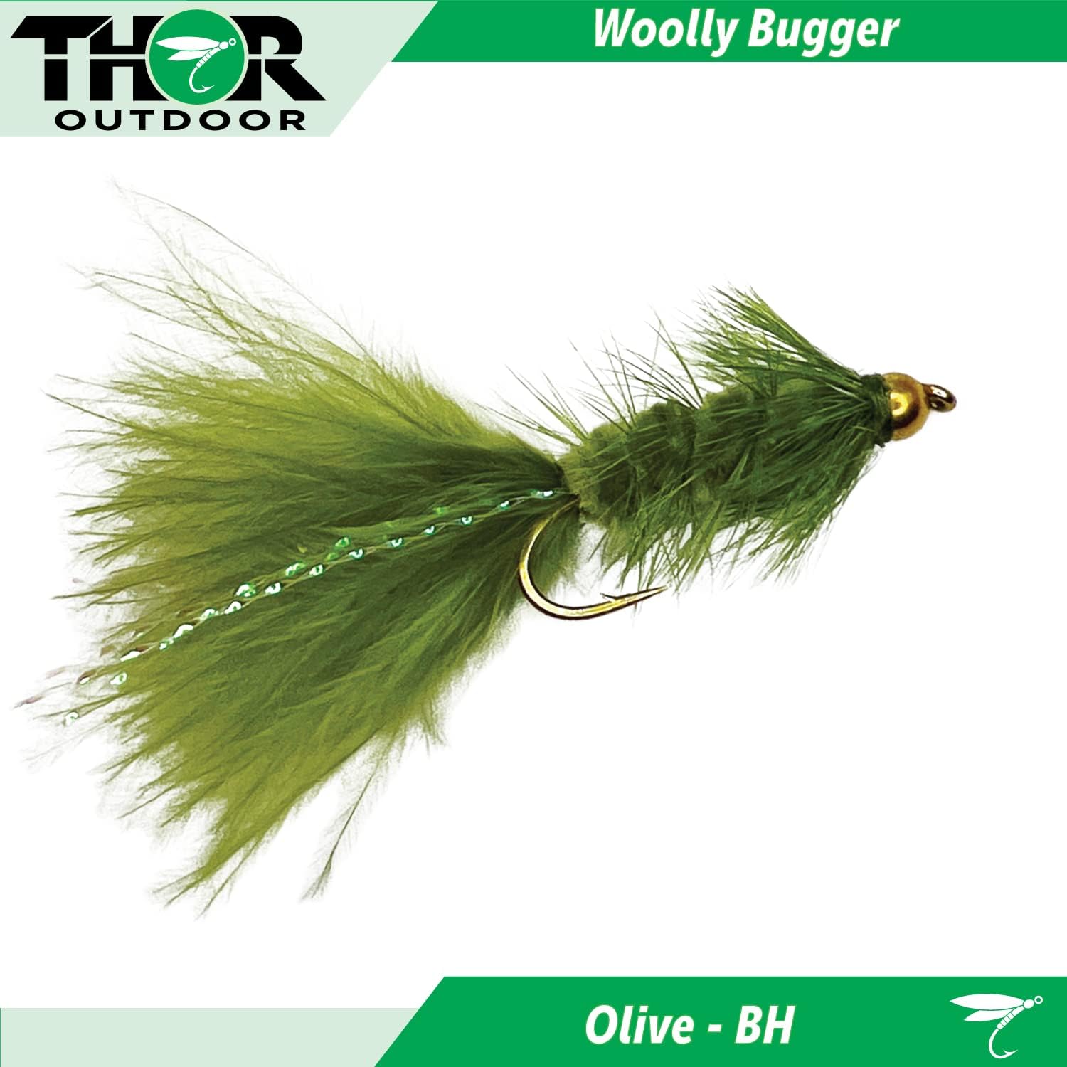 Thor Outdoor BH Woolly Bugger Streamer Fly - 12 Pc Set - Fire Tiger, Light Tan, Olive - Wet Flies for Bass, Panfish, Trout - Hook Size #10 : Sports & Outdoors