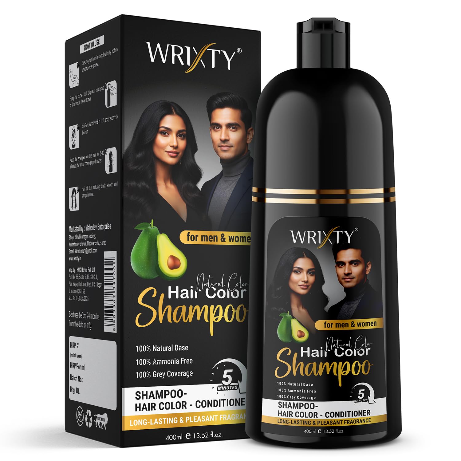 Hair Color Shampoo Black | NO PPD, Ammonia & Paraben Free | Colours Hair in 10 Minutes | Herbal Extracts | Long Lasting | 400 ml Pump Pack | For Men & Women