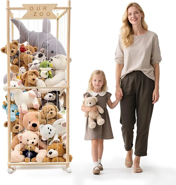 Megapuxin Stuffed Animal Storage Zoo with Wheels, Wooden Large Stuff Animals Plushies Holder Toy Organizer Kids Plush Storage Cage with Elastic Band and Net for Nursery Playroom Corner for Toddler
