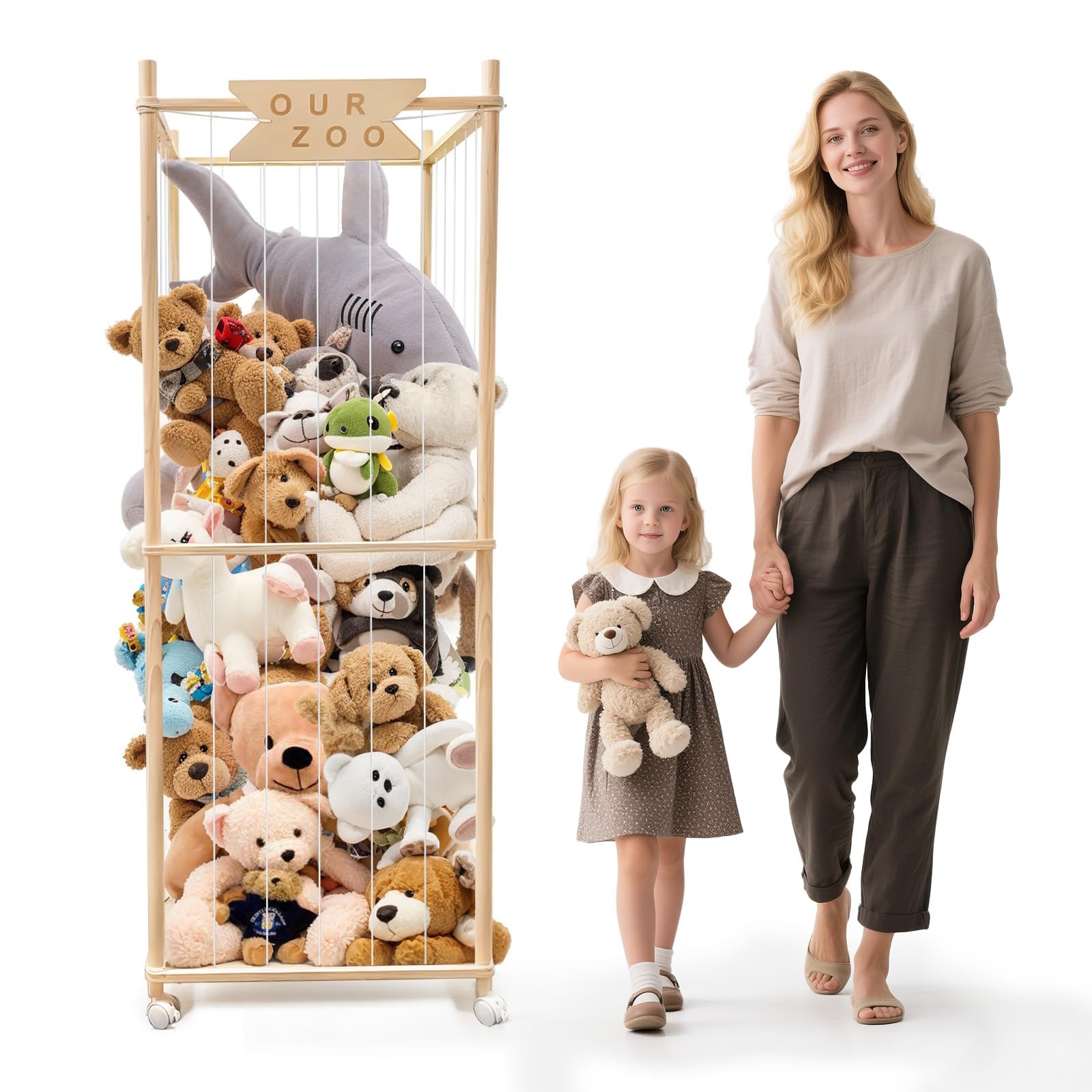 Stuffed Animal Storage Zoo with Wheels, Wooden Large Stuff Animals Plushies Holder Toy Organizer Kids Plush Storage Cage with Elastic Band and Net for Nursery Playroom Corner for Toddler
