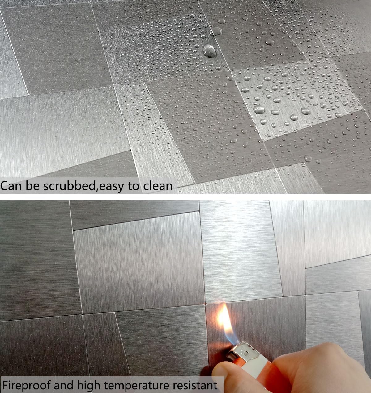 XUANINY 10-Sheet Peel and Stick Metal Backsplash Tiles, Self Adhesive Brushed Aluminum Subway 3D Wall Sticker for Kitchen Bathroom (10, Light Black Brushed)