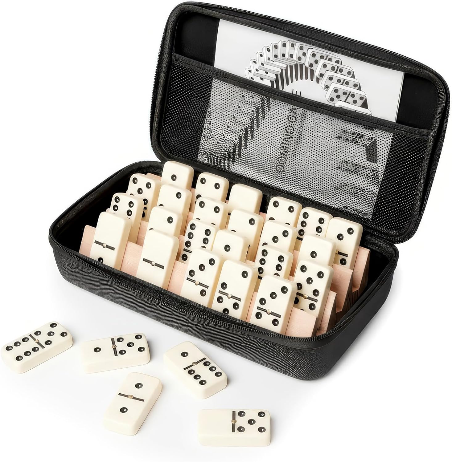 Jumbo Dominos Set with 4 Wooden Racks, Double 6 Dominoes Set with Portable Case 28 Domino Tiles with 4 Tile Holders in Travel Case for Classic Family Board Game