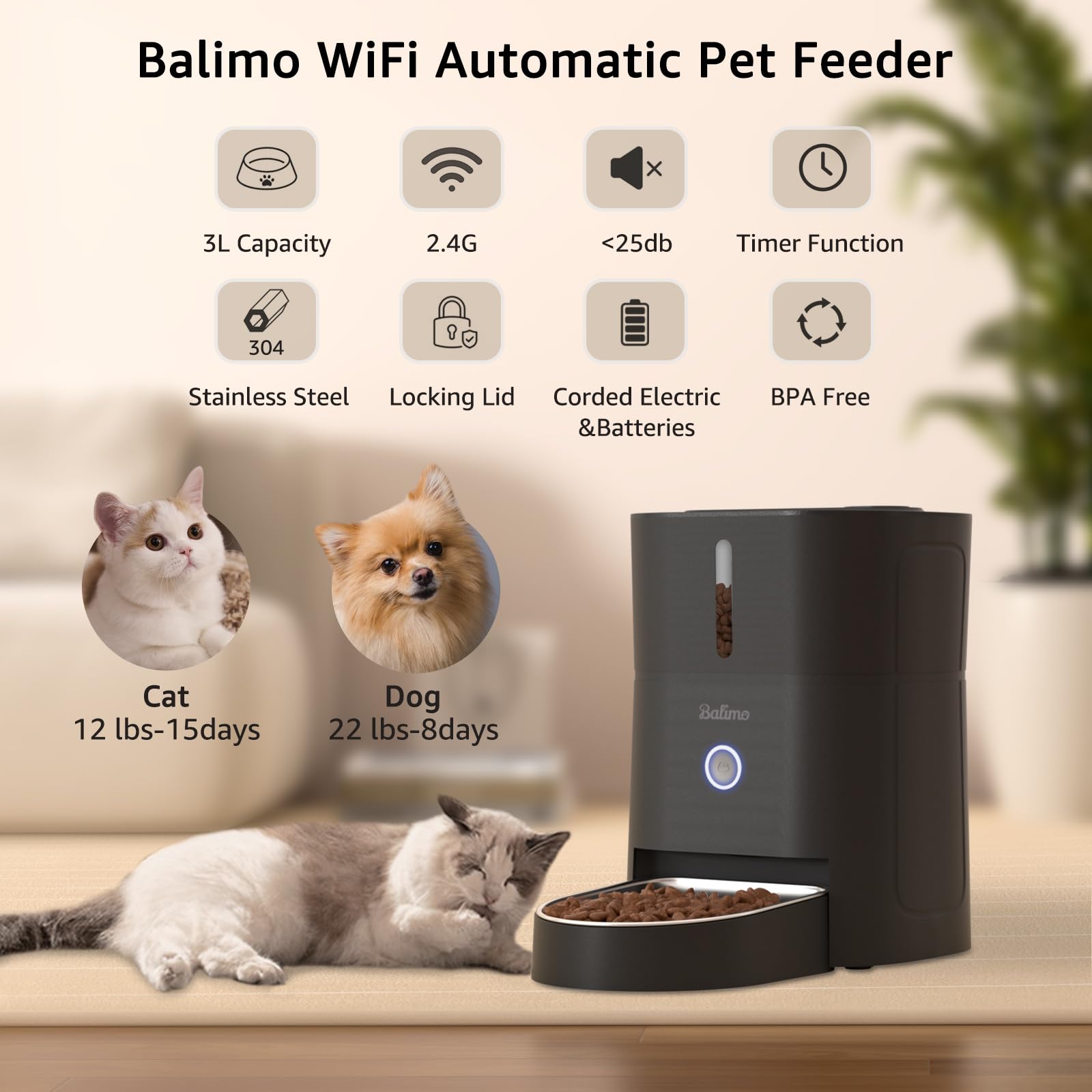 Balimo Distributore Automatico Cibo Gatti, 2.4G WiFi Dispenser Crocchette Gatto, 3L Distributore Automatico Cibo Cani, 10 Pasti al Giorno, Ciotola in Acciaio Inossidabile 304, Adatto Per Cani e Gatti