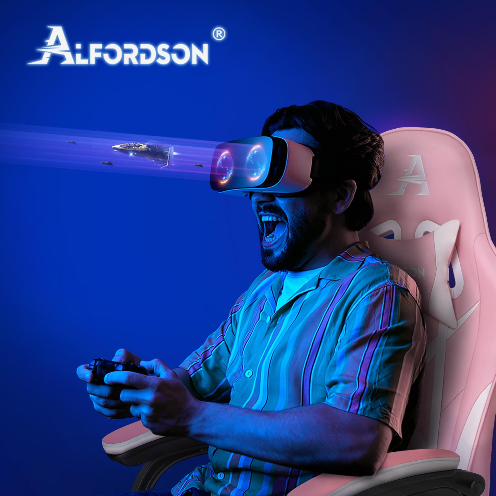 ALFORDSON Sedia da Gaming, Sedile Gamer con Supporto Lombare Massaggiante, Sedia da gioco Ergonomica Girevole con Poggiatesta, Regolabile in Altezza, Pelle PU, Rosa