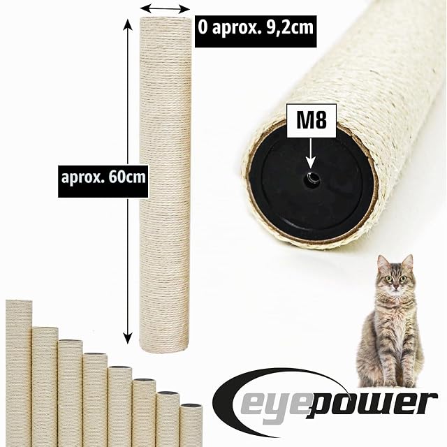 Foto 6 de 8 de eyepower Ø 9,2 cm: 60 cm Poste Rascador de Repuesto - Rosca M8 - Accesorio Fuerte para Árbol de Gatos