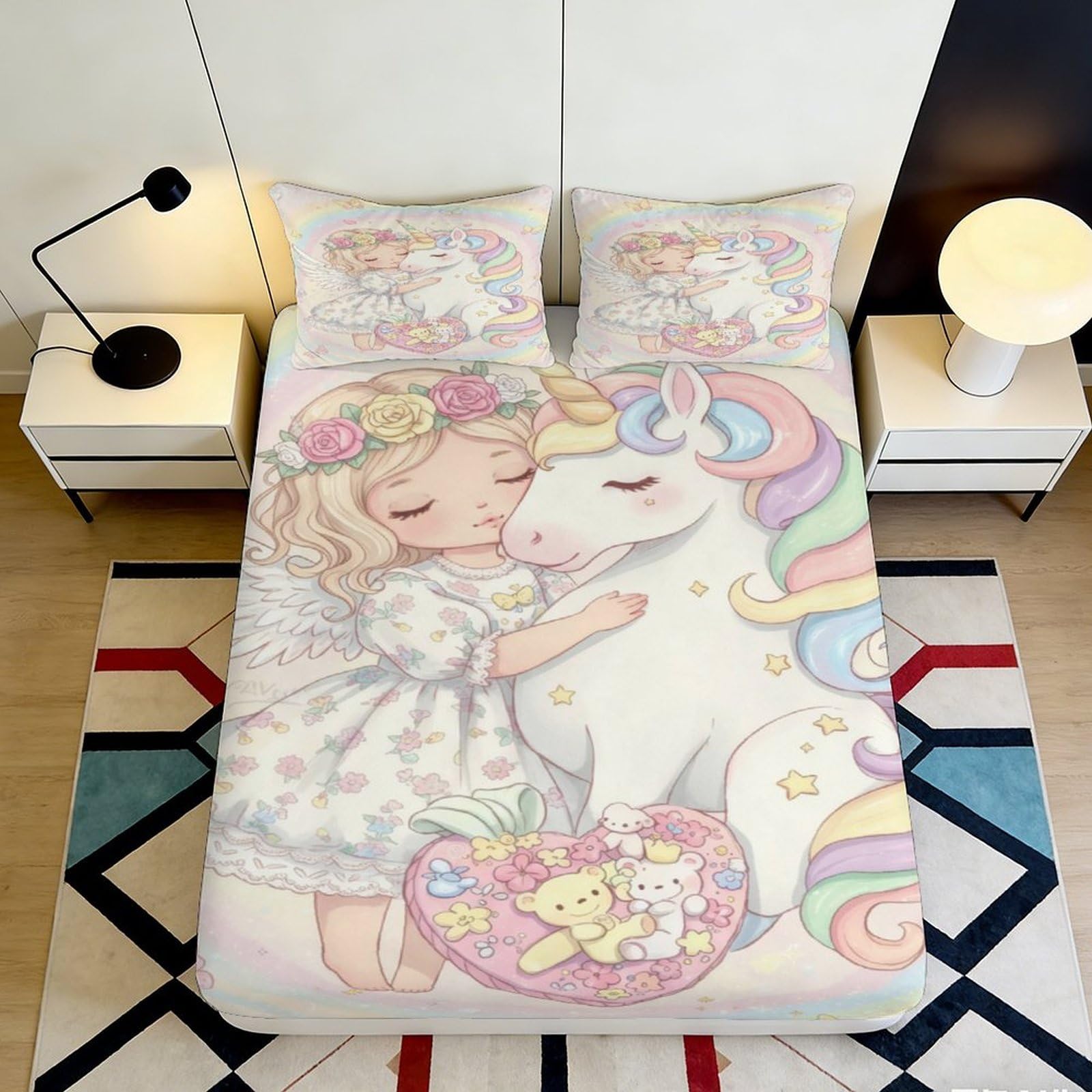 3D Printed Unicorn Fantasy Fitted Sheet Microfiber Deep Pocket Bedroom Unicorn Mattress Fitted Cover Non-Slip Washable 140x200x25cm