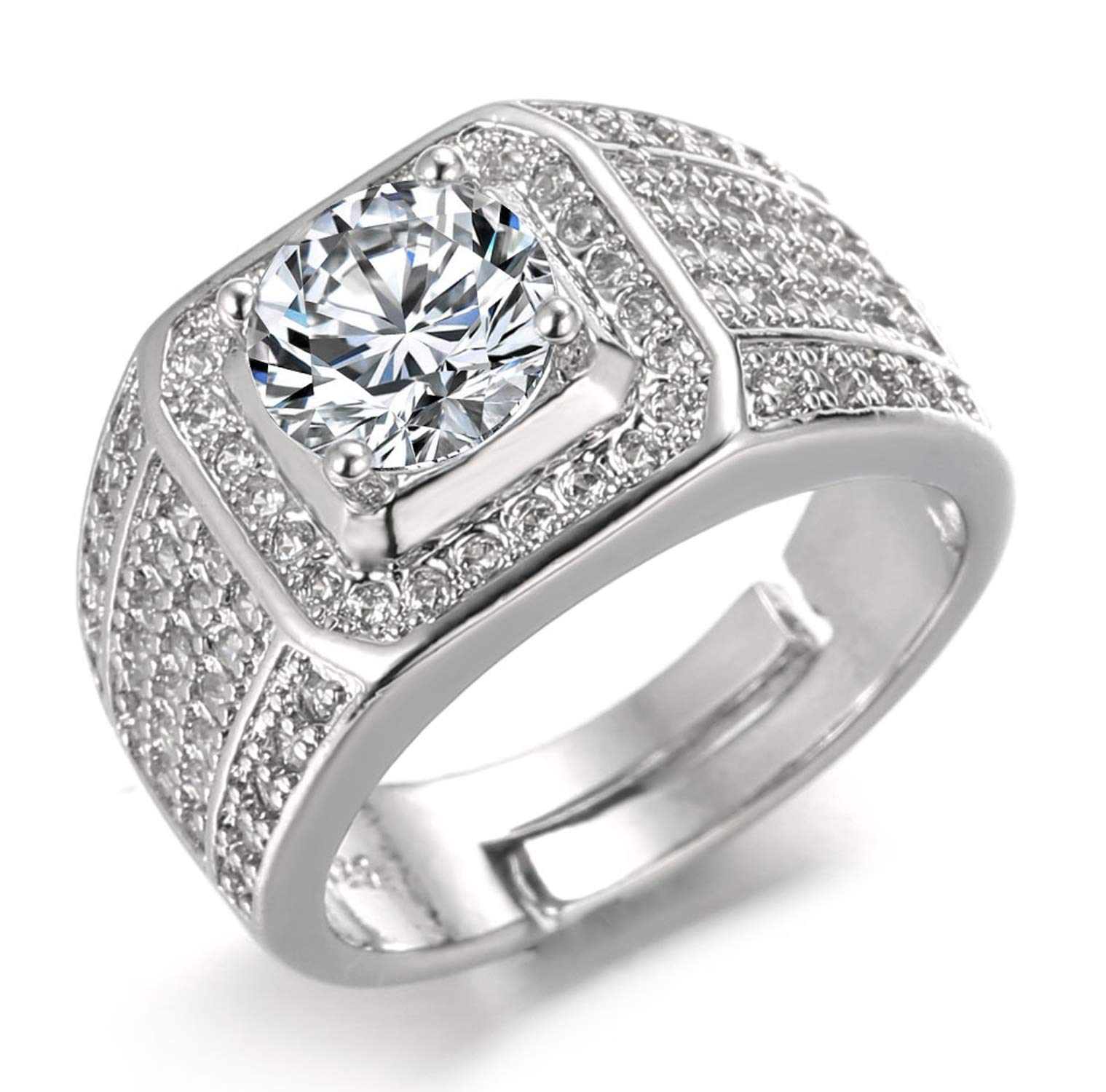 Gold Diamond Ring Iced Out,Men's 18k Real Gold Plated/White Gold Finish Ring Size Adjustable with Free Giftbox