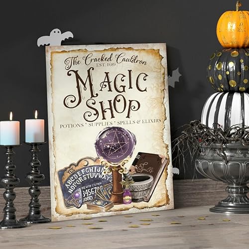 Letreros de metal para tienda mágica, letrero de Halloween, bruja de Halloween, arte de pared de brujas de Halloween, decoración vintage de