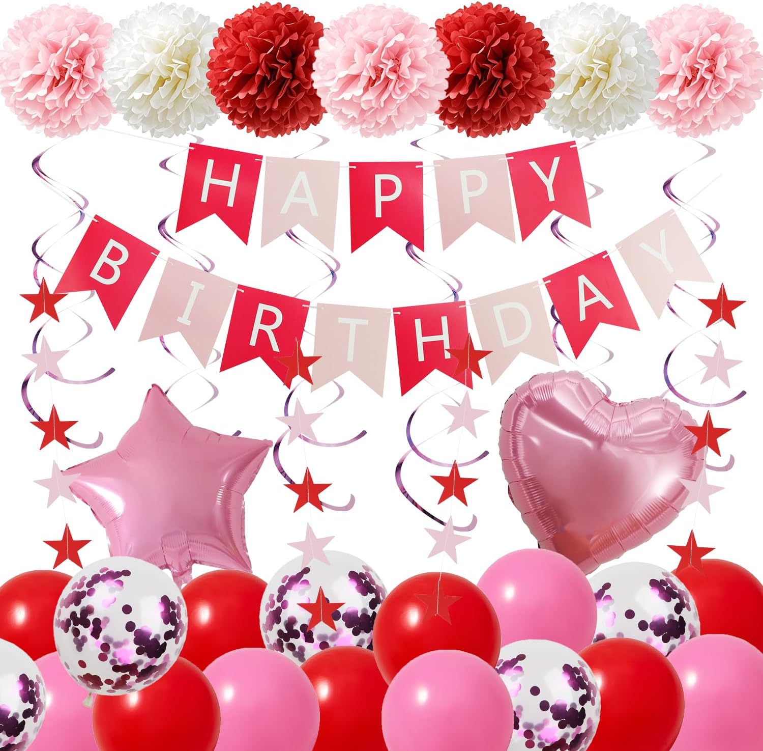 53pcs Red Pink Birthday Party Decorations,Gifts for Women or Girls, Happy Birthday Banner with Balloons,Paper Pom Poms,Star Garland, hanging swirls,Foil Star and Hearts for Party Decor