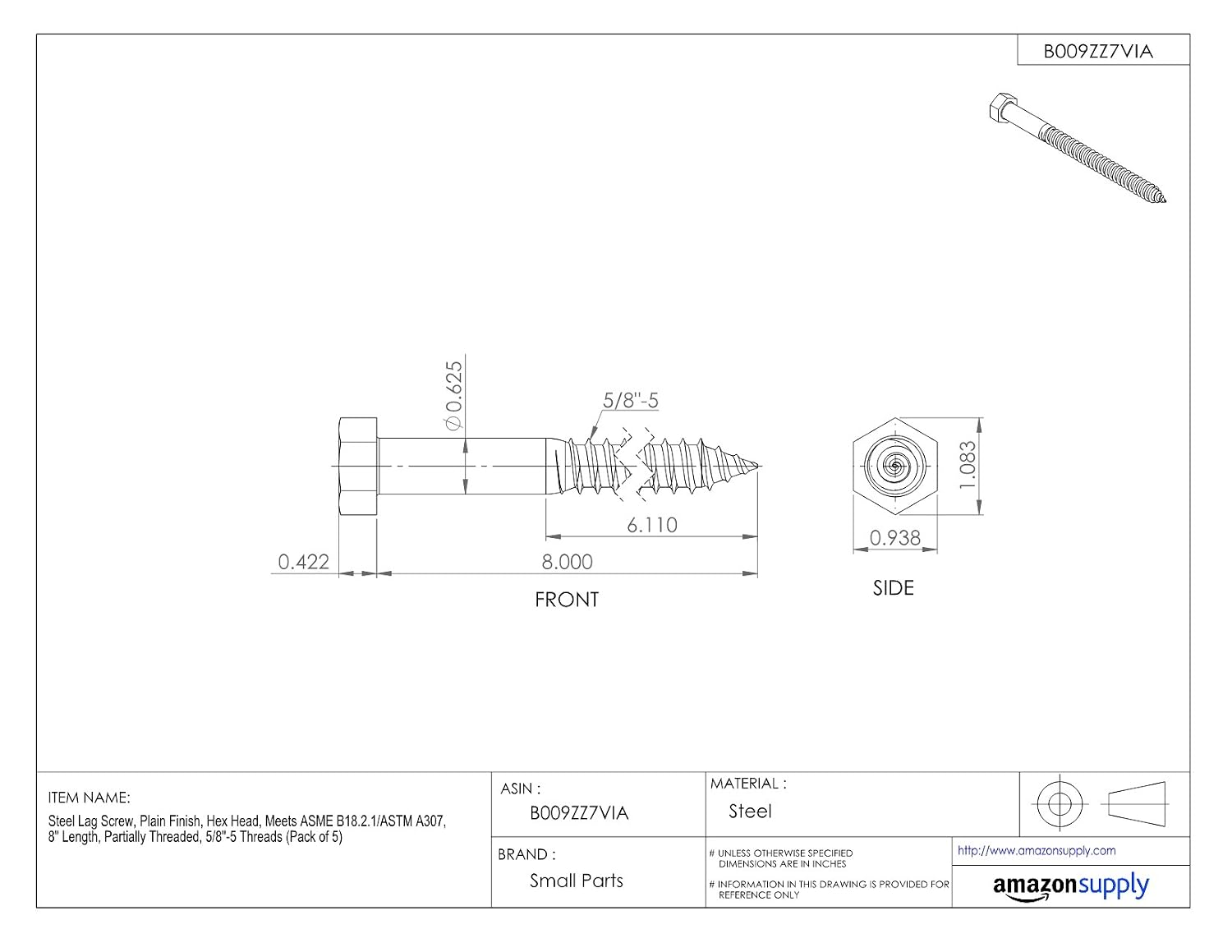 Steel Lag Screw, Plain Finish, Hex Head, Meets ASME B18.2.1/ASTM A307, 8" Length, Partially Threaded, 5/8"-5 Threads (Pack of 5)