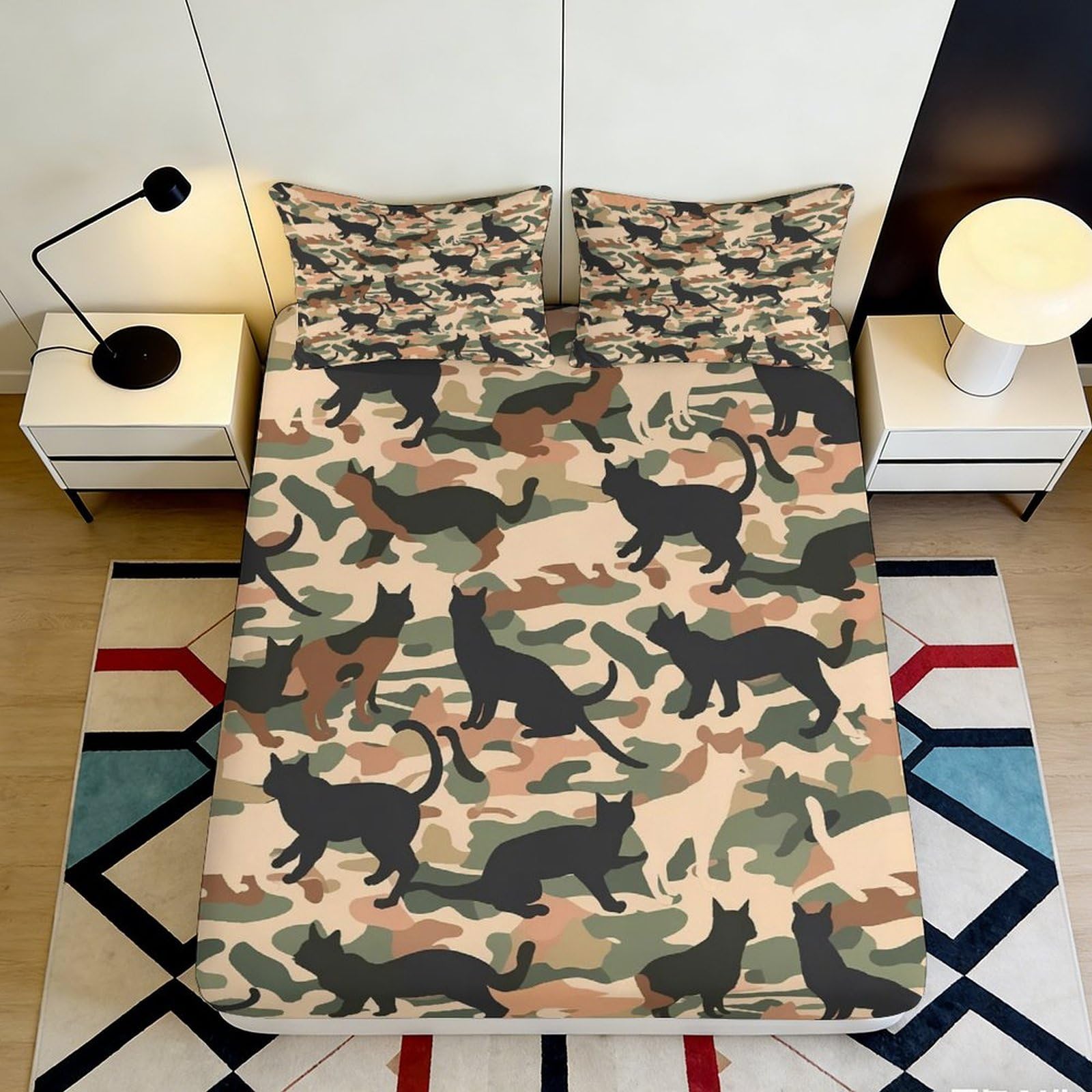 3D Printed Cat Camouflage Fitted Sheet Microfiber Soft Durable Camouflage Bed Sheet for Bedroom Dormitory Guest Room Mattress Protection Decor 120x200x25cm