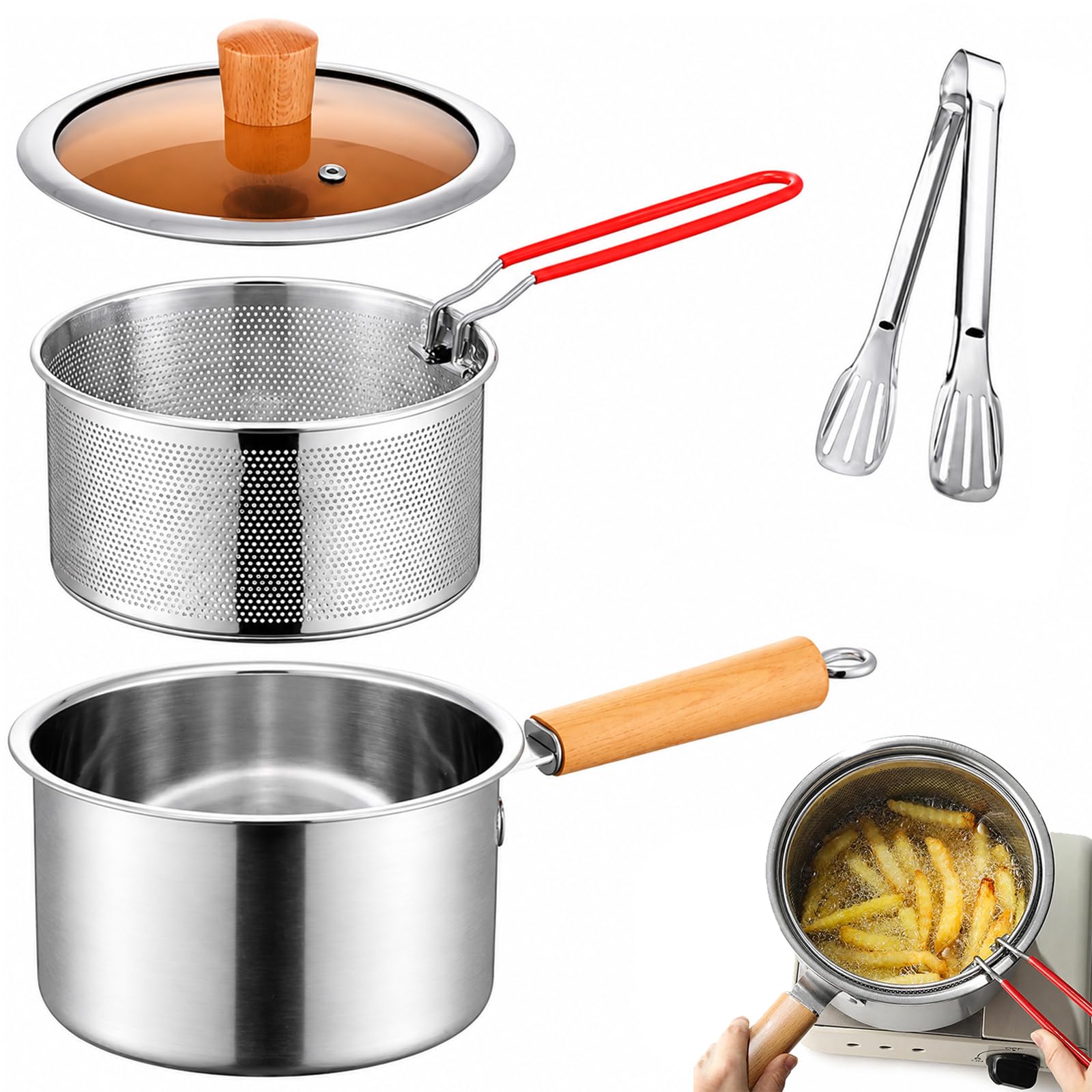 Pentola Fritto Multifunzionale In Acciaio Inox 304 Con Cestello E Coperchio, Friggitrice Per Patatine Fritte, Pollo, Pesce E Frutti Di Mare, Scarico Olio Facile (Pot with Lid & Frying Basket)