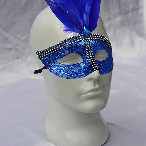 Miniatura 6 de KRE - Máscara de fiesta de Mardi Gras azul con gemas de plástico y plumas para fiestas baile de máscaras suministros de arte sofisticado máscara de