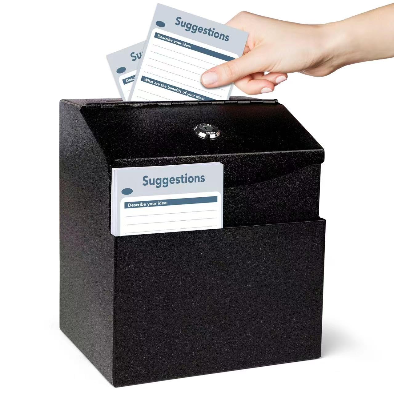 Suggestion Box with Lock for Office & Hotel - Includes 50 Free Cards, Black Metal Donation Box, Cash box,Ballot box, Secure Wall Mounted