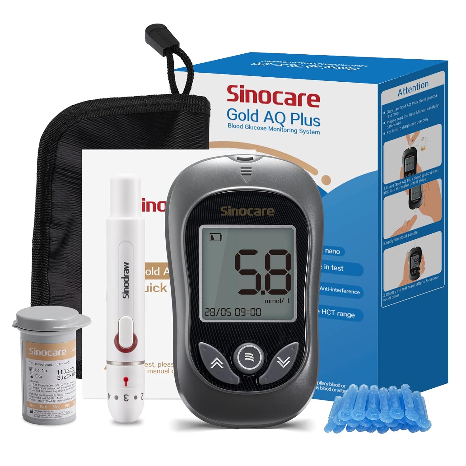 sinocare Diabetes Testing Kit, Blood Glucose Monitor Gold AQ Plus