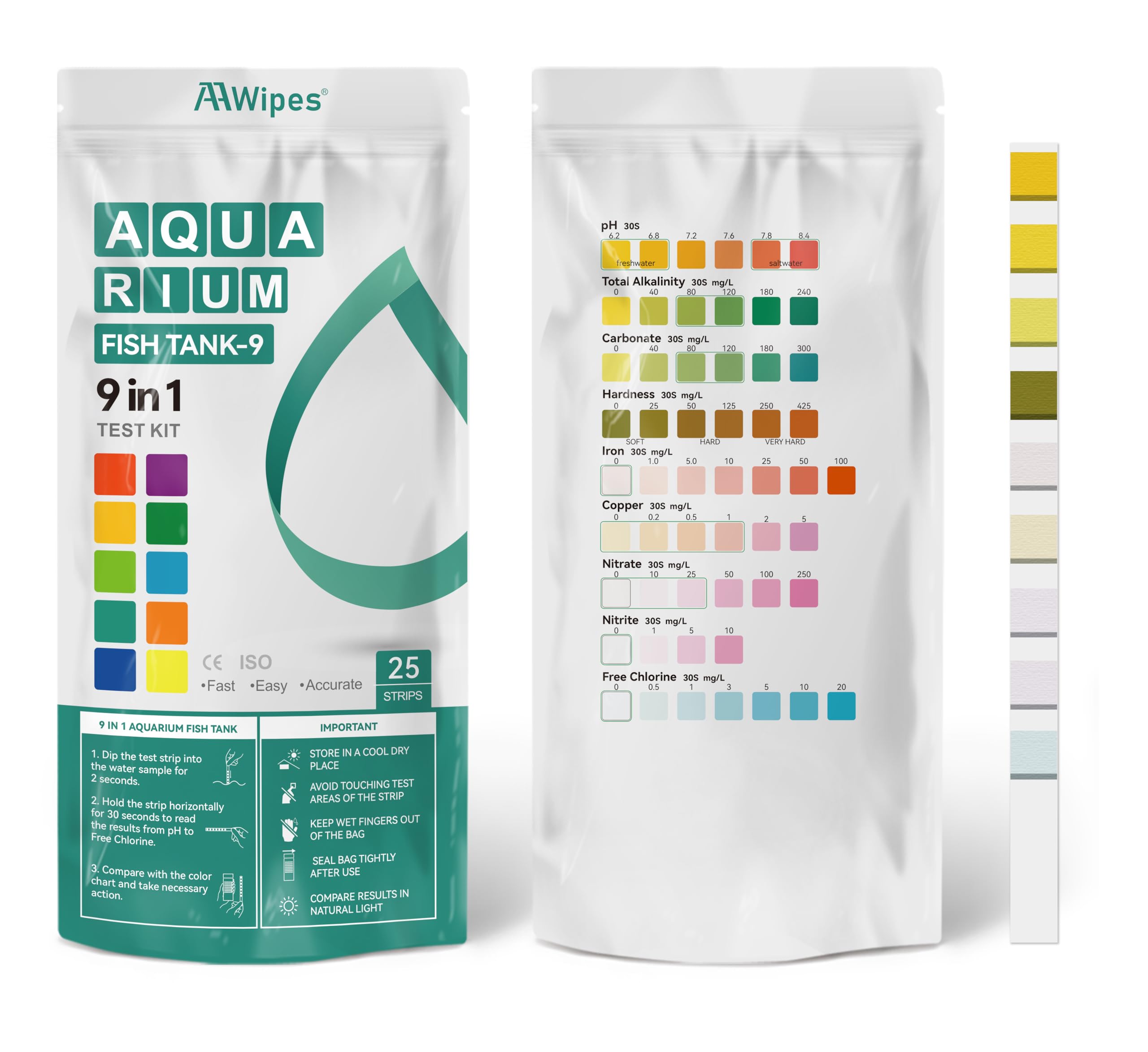 AAwipes Fish Tank Marine Water Test Strips 9-in-1 |25 Strips | Freshwater, Saltwater & Reef Tanks Quick & Accurate Test pH, Carbonate, Copper, Alkalinity, Hardness, Chlorine, Nitrate, Nitrite, etc