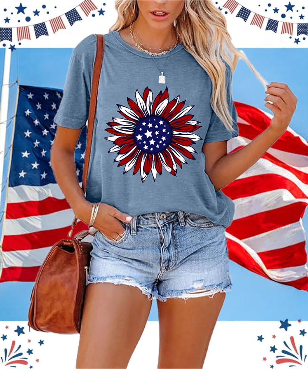 ZWSYXL American Flag Sunflower Shirts Women 4th of July Graphic Tees Patriotic T-Shirts USA Flag Star Stripe Tops - Image 2