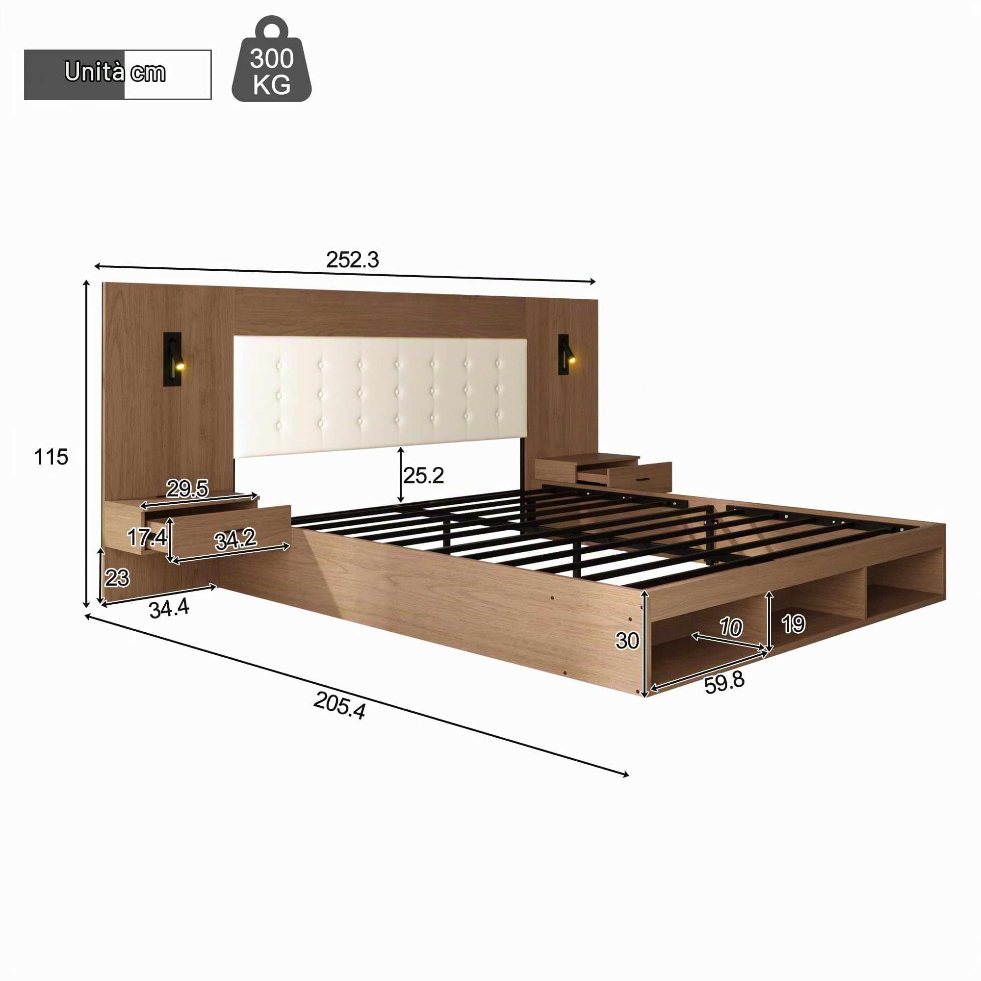 Letto matrimoniale 180x200 con USB e Type-C e lampada da lettura, Letto contenitore con 2 comodini, Struttura letto matrimoniale Legno legno di noce (Senza Materasso)