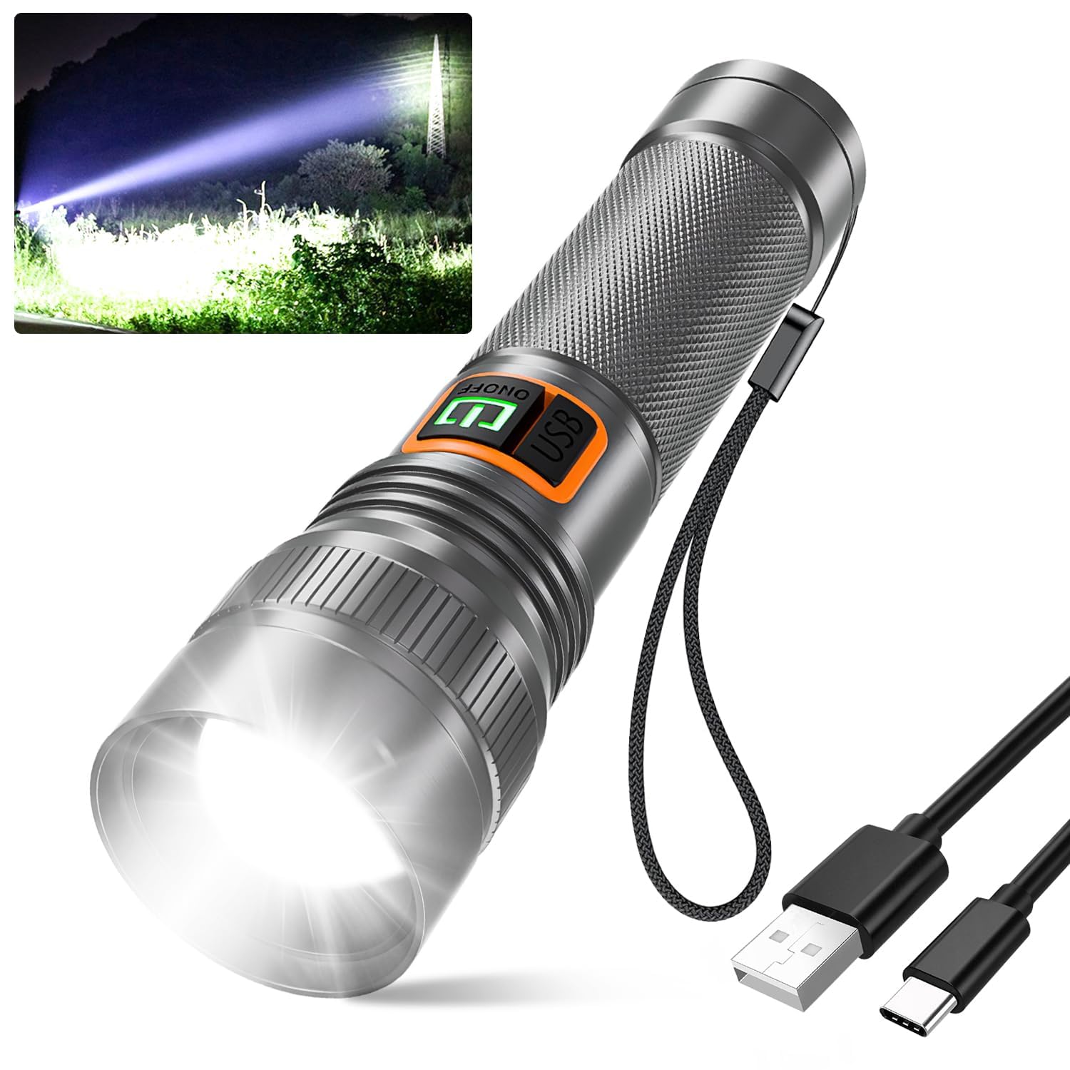 Azonee Zoomable Handheld Flashlight, 10000 Lumens Tactical Flashlight, Small Long Beam Flashlight, IPX6 Waterproof Flashlight for Camping, Home, Hiking, Fishing, Emergency, USB-C Rechargeable