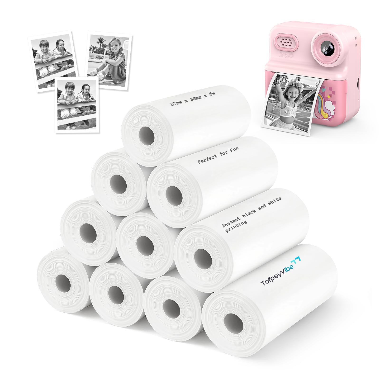 TofpeyVibe Refill Paper Rolls for Kids Instant Print Camera – 10 Pack Black & White 57 × 30 mm Thermal Photo Paper – Inkless Smudge-Free Printing for Children’s Instant Camera — image 1