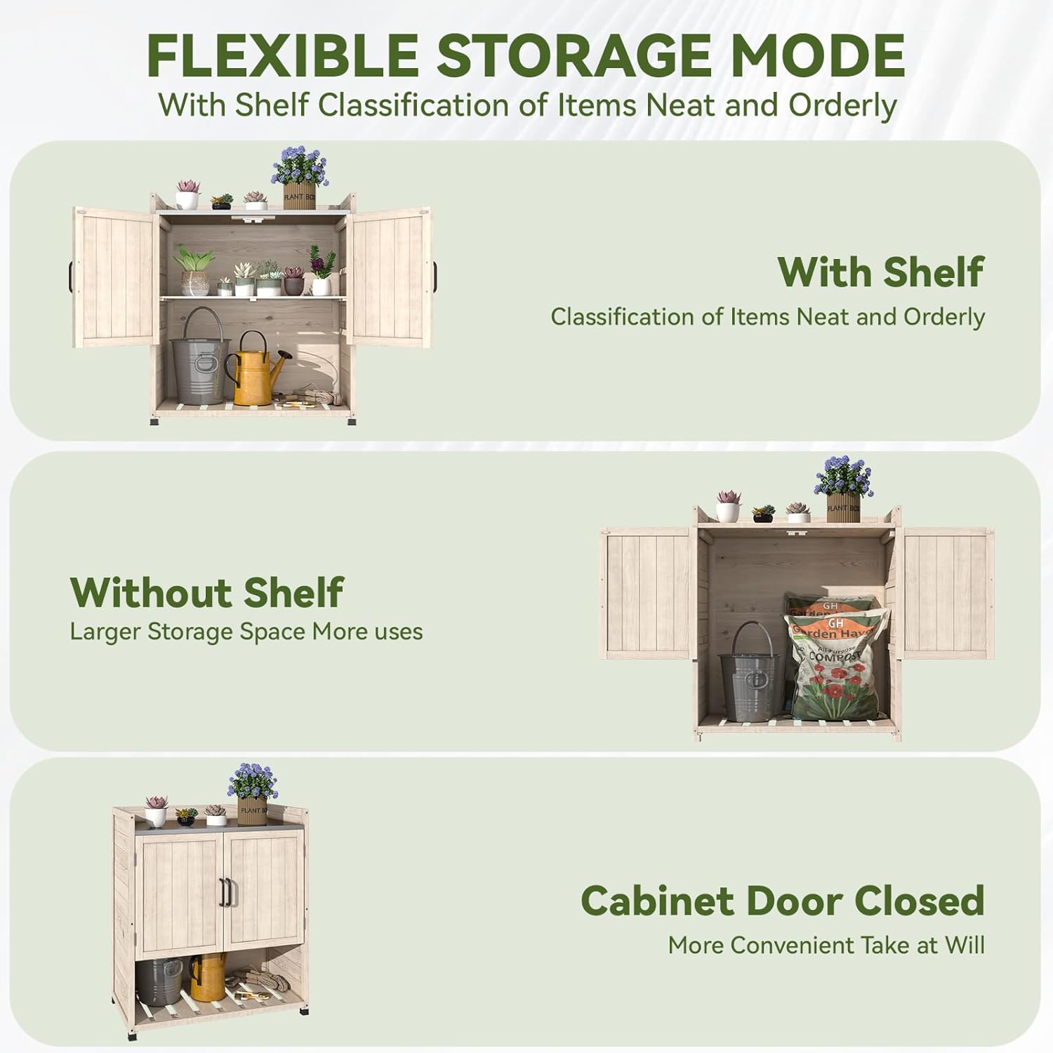 AECOJOY Outdoor Storage Cabinet&Potting Bench Table, Garden Wooden Work Bench with Adjustable Shelf, Patio Tool Work Station Planting Table with Metal Tabletop, Beige