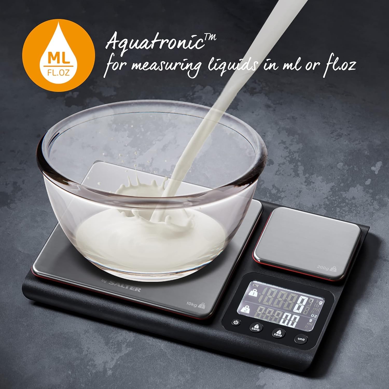 Heston Blumenthal By Salter 1049A HBBKDR Balance Cuisine de Précision à Double Plateforme, Pèse Aliment avec Capacité 10KG et Plate-forme Petite pour Incréments de 0.1g, Mesures Liquides, Noir