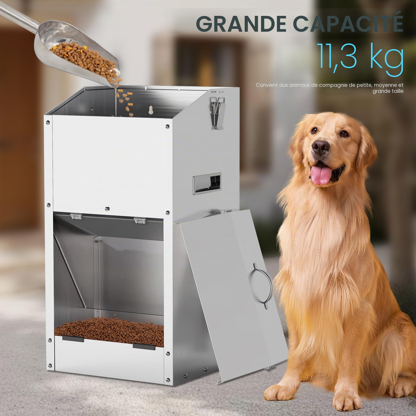 Distributeur Automatique De Nourriture pour Chien De 20L, Grande Capacité, en Acier Inoxydable, pour L'extérieur, À Gravité, Mangeoire d'alimentation Automatique pour Les Grands Chiens