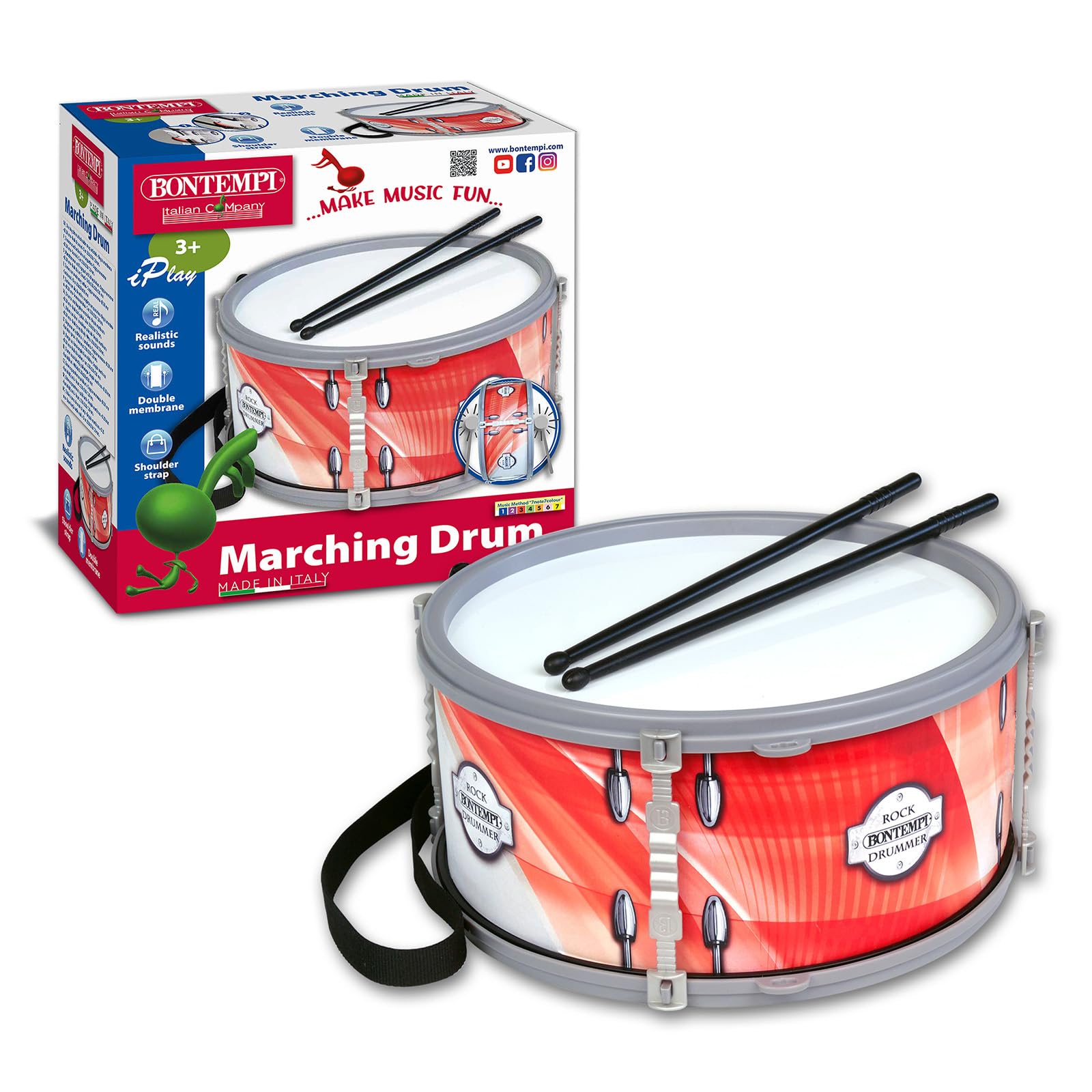 Bontempi | BeatMaster – Tambor con Doble Membrana, Correa y Varillas de 25 cm para una Experiencia rítmica Completa, Rojo, 25 x 25 x 12 cm