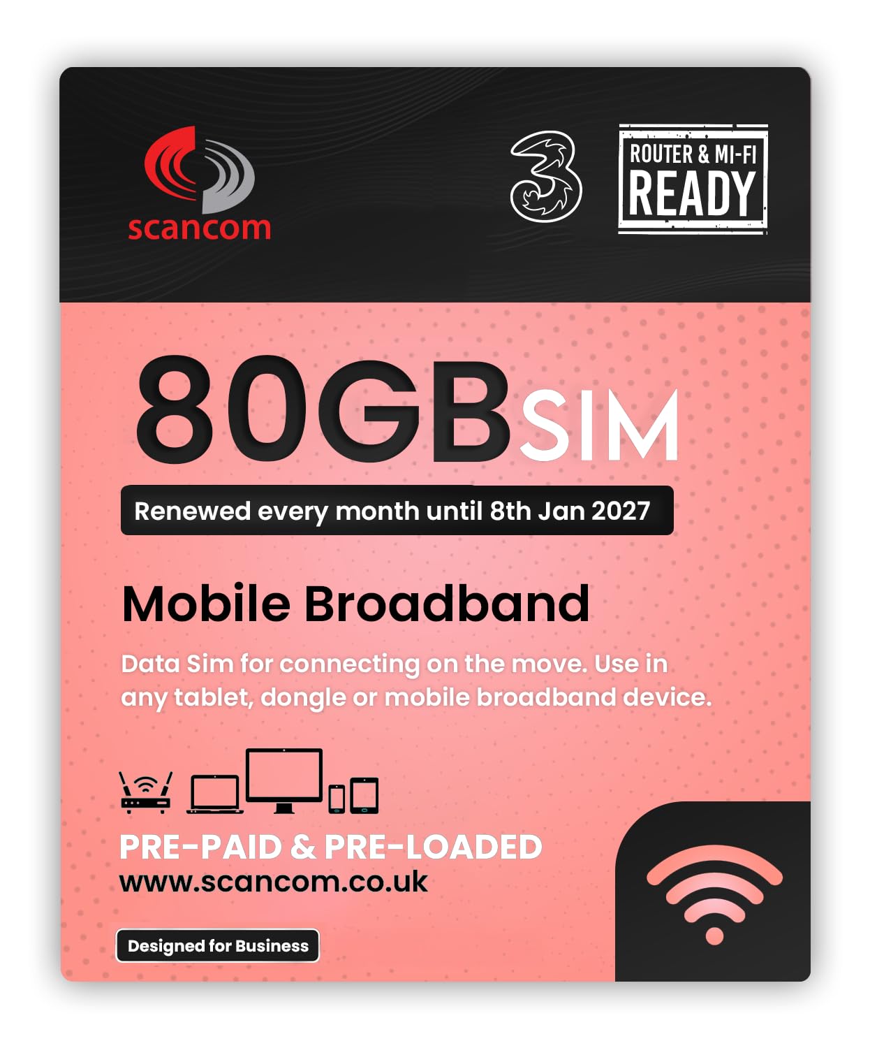 Three 80GB Data SIM - Uncapped 5G - Preloaded MONTHLY Until January 2027 - Plug & Play for Routers & Phones - Access to Three & Vodafone - Connects to the Strongest Signal available