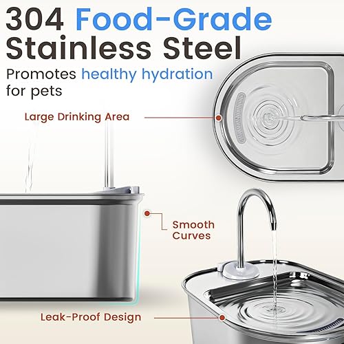 Miniatura 6 de Fuente de agua para gatos de acero inoxidable, dispensador de agua automático silencioso para perros, apagado automático seguro, fuente de agua