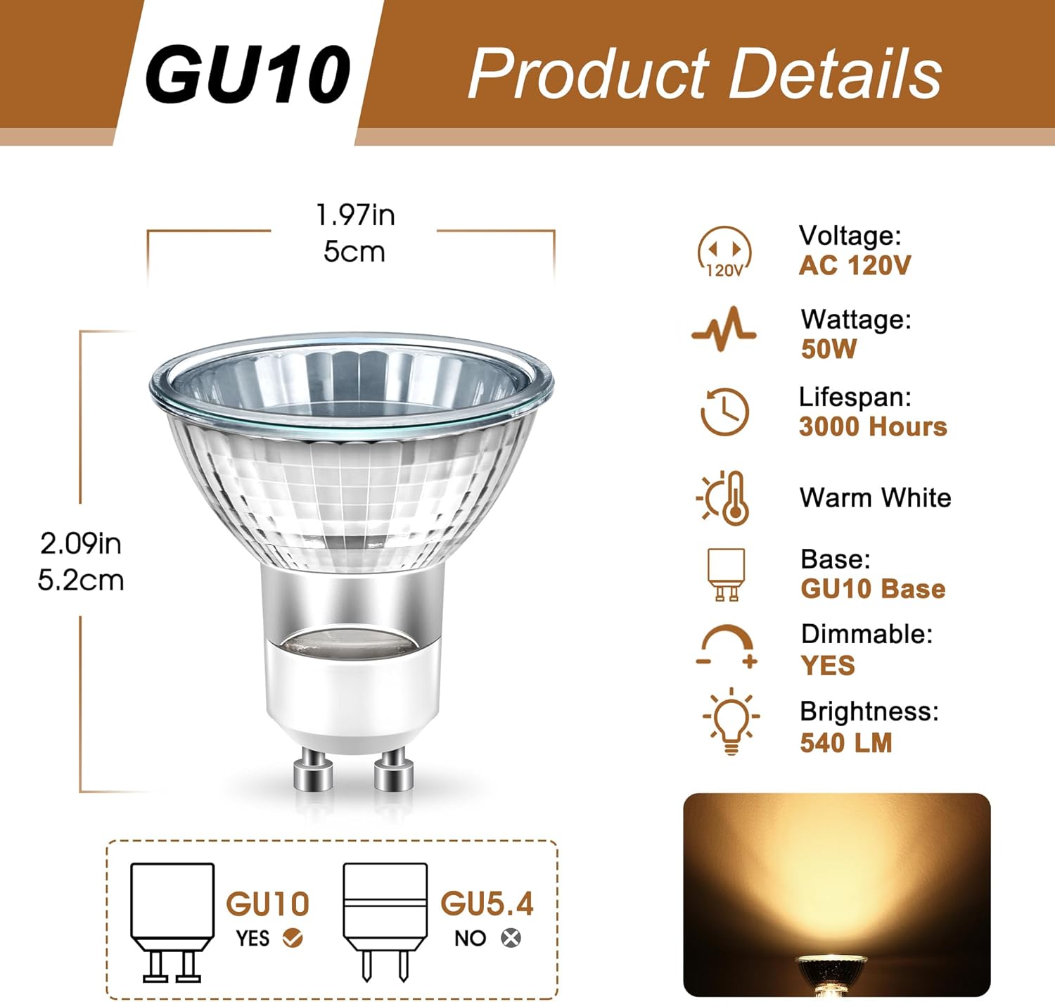 GU10 Halogen Bulbs 50W, gu10+c 120v 50W Halogen Light Bulbs, 2800K Warm White, Dimmable GU10 MR16 Light Bulb for Scent Wax Burner, Track Lighting, Range Hood Lamp, Candle Warmer Fragrance Melt, 6 Pack