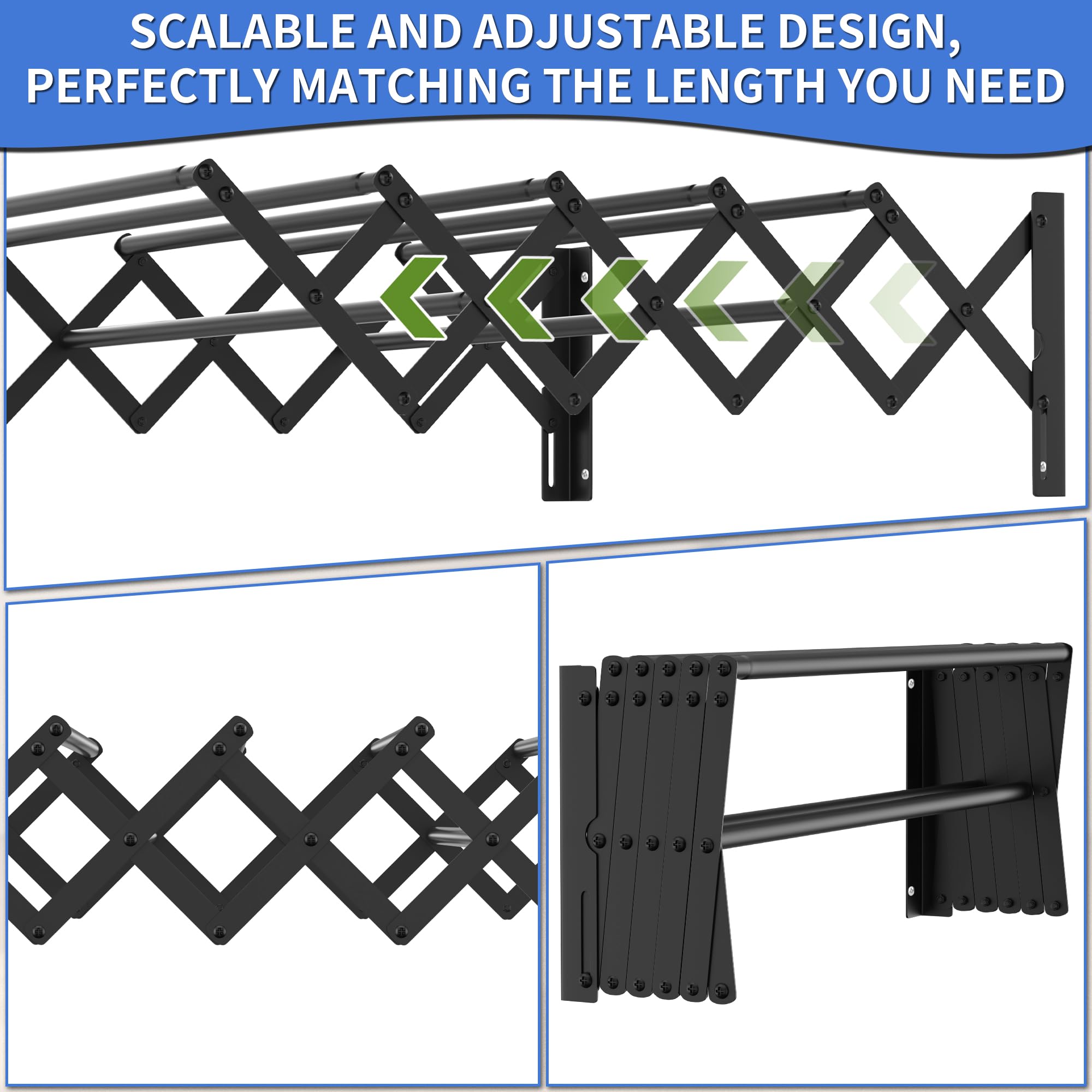 OUUTMEE Étendoir à linge mural extensible | Porte-serviettes pliable en acier inoxydable | 42 à 80 cm | Étendoir à linge rétractable pour intérieur ou extérieur, salle de bain, balcon, noir, taille M