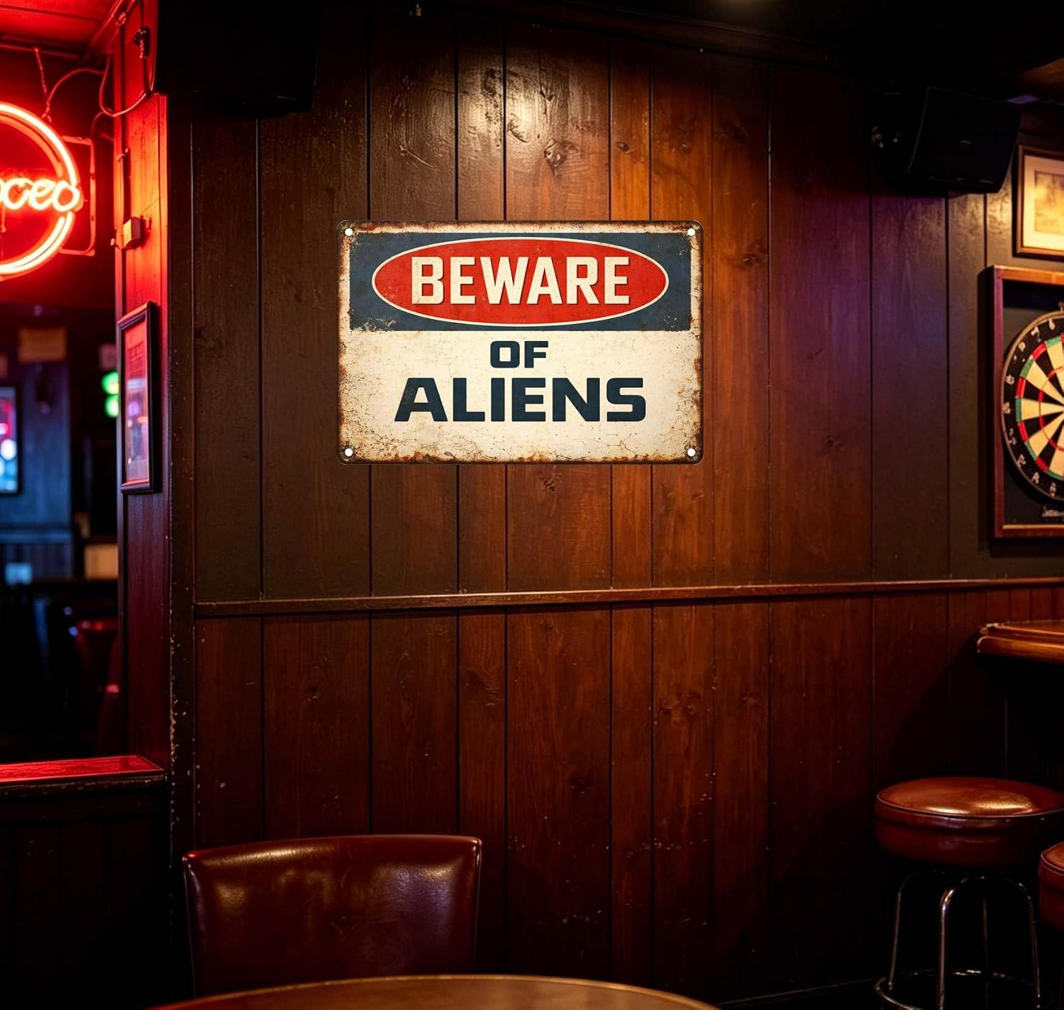 Funny Alien Sign – Beware of Aliens Vintage Metal Wall Decor, UFO Warning Tin Sign for Home Bedroom Garage Man Cave Shed, Unique Outer Space Gift 8x12 Inch image 4