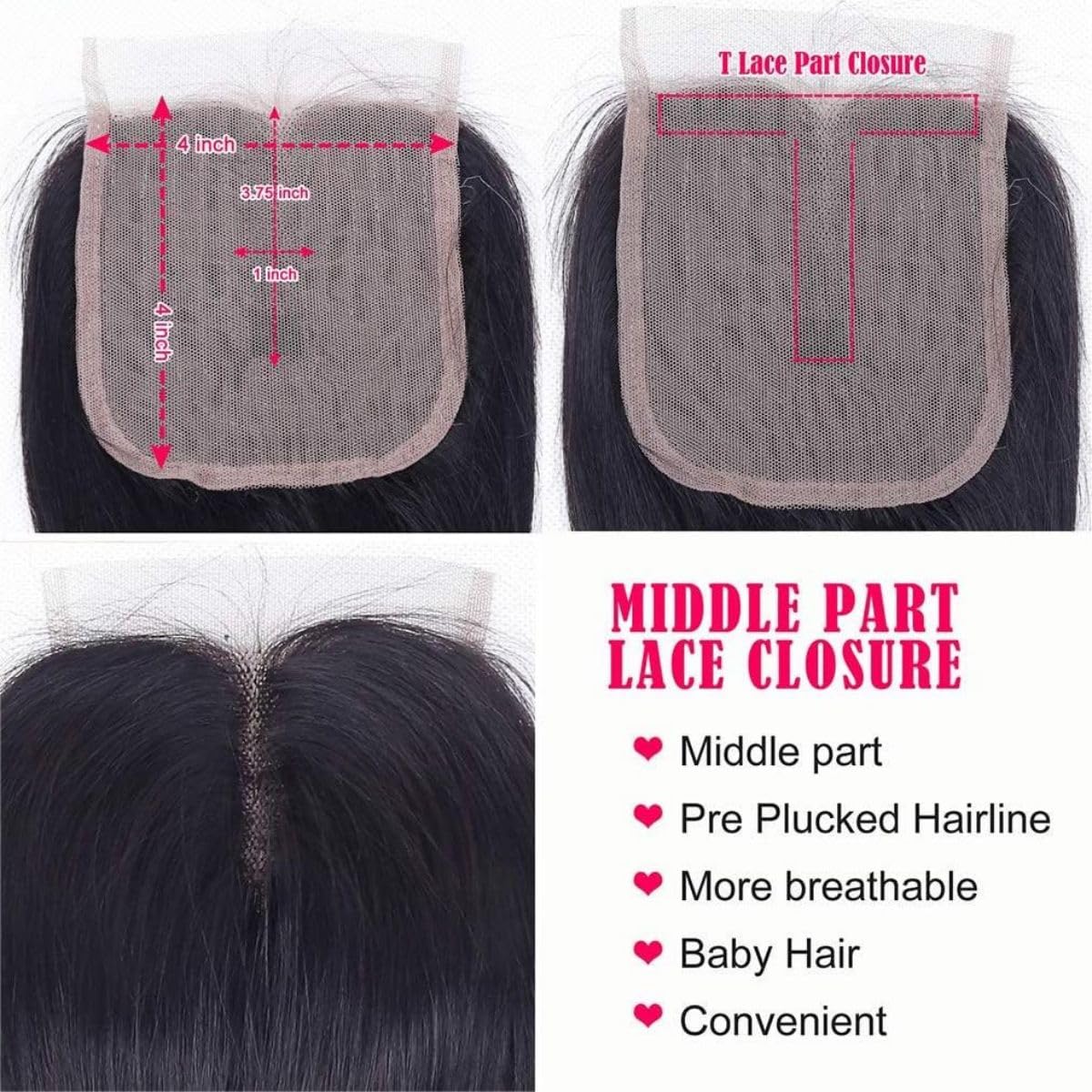 Extensions de cheveux humains brésiliens ondulés avec fermeture en T (10, 12, 14+10 pouce) -70g/Bundles 10 A - Cheveux vierges ondulés non traités avec fermeture en dentelle 4x1 à la main