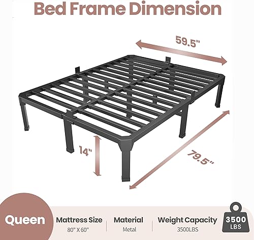Miniatura 2 de ROIL 14 Inch Queen Size Bed Frame with Mattress Slide Stopper - Double Black Basic Anti Squeak Steel Slats Metal Platform, Heavy Duty Noise Free
