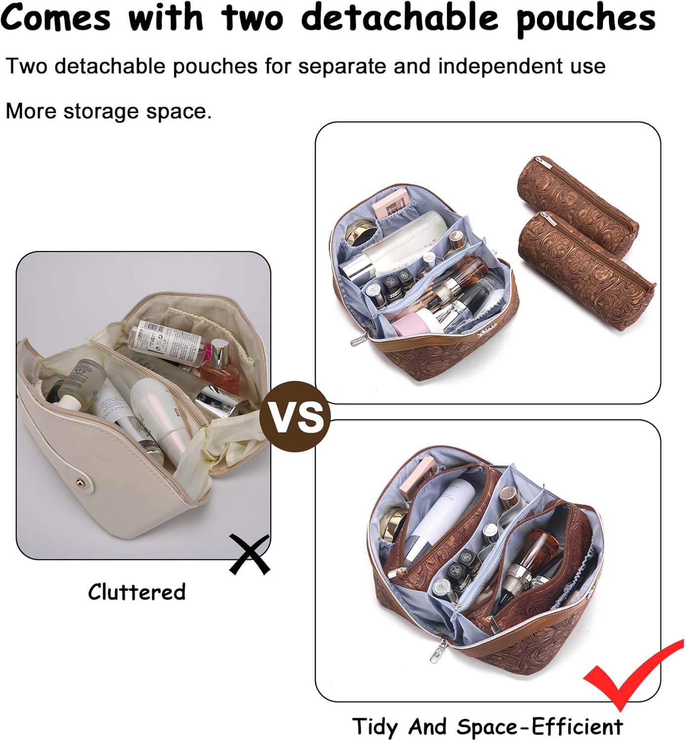 BOYATU Travel Makeup Bags Cosmetic Organizer Bag: 3 Pcs Set Large Capacity Floral Make up Bag with Compartments - Waterproof Leather Toiletry Bags with Handle for Women (19-Brown)