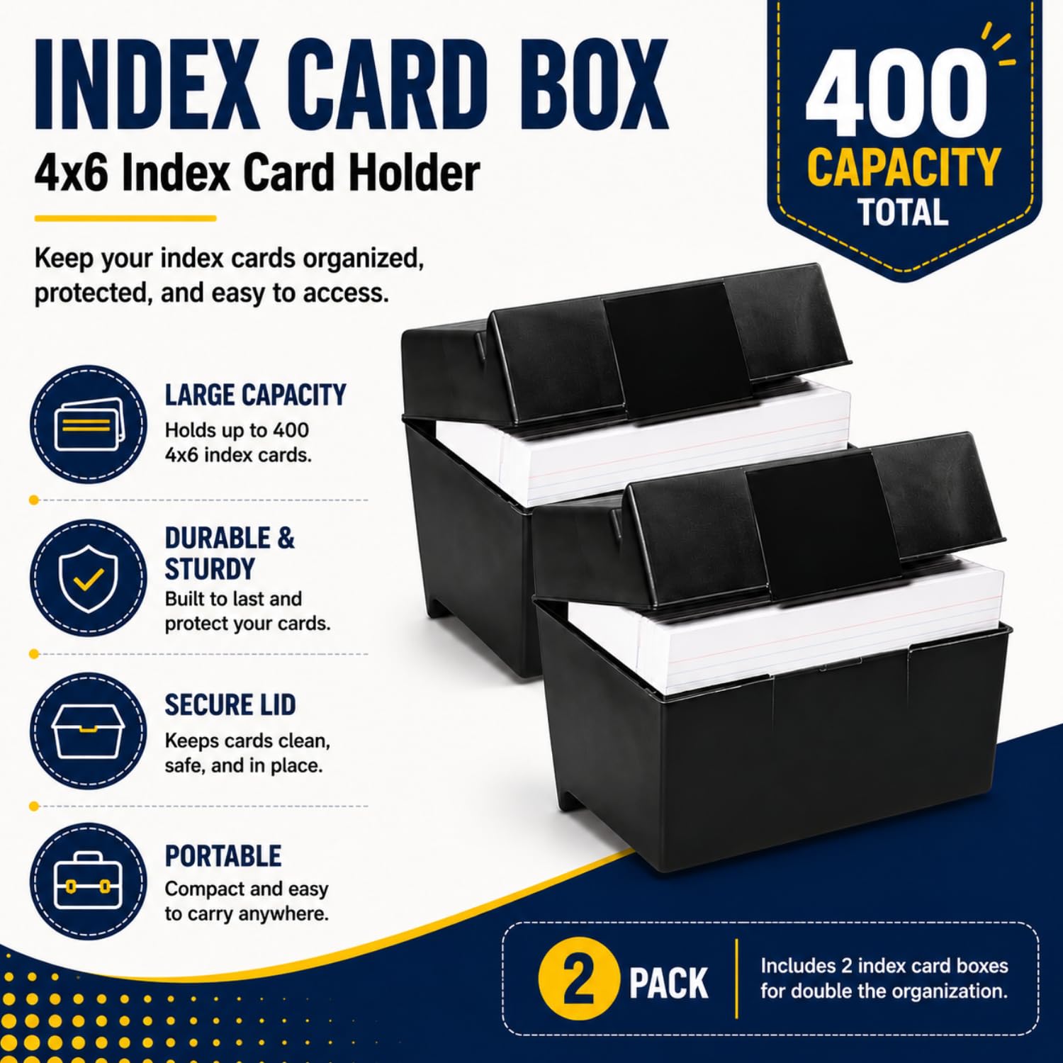 1InTheOffice Karteikarten-Box, 10 x 15 cm, für 400 Karten, 2 Stück