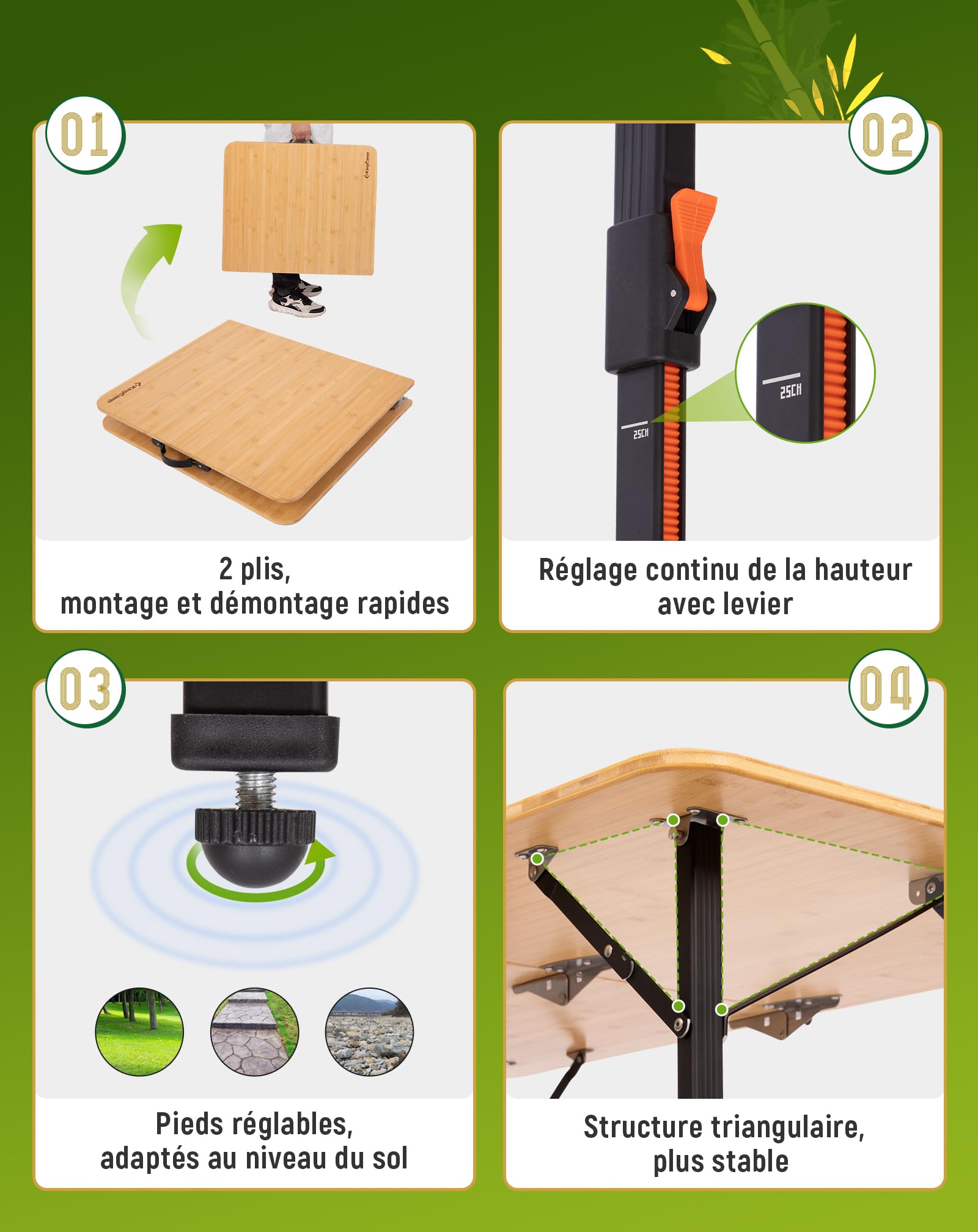 KingCamp Table de camping en bambou avec hauteur réglable (42-70 cm) – Table pliante en bambou, capacité de charge 120 kg, pliable pour camping, jardin, balcon et pique-nique, 120 x 70 cm