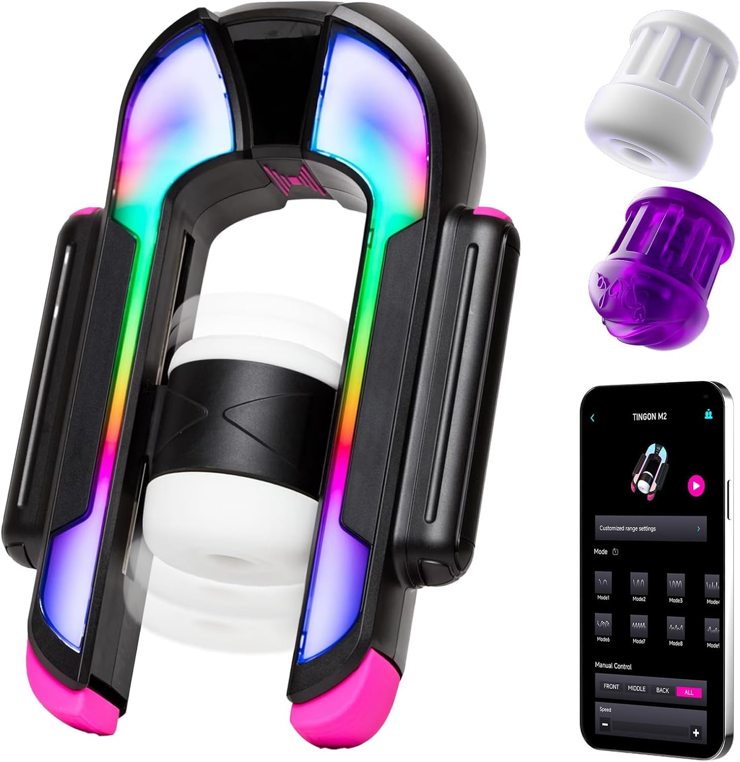 EINSEO RGB Lighting Male Masturbator, 2 Sleeves Male Sex Toys for Men Up to 7.1-Inch Adjustable Stroke Length, 4-Speed Thrusting Modes, Ultra-Quiet Brushless Motor, APP Control Pocket Pussy Adult Toy