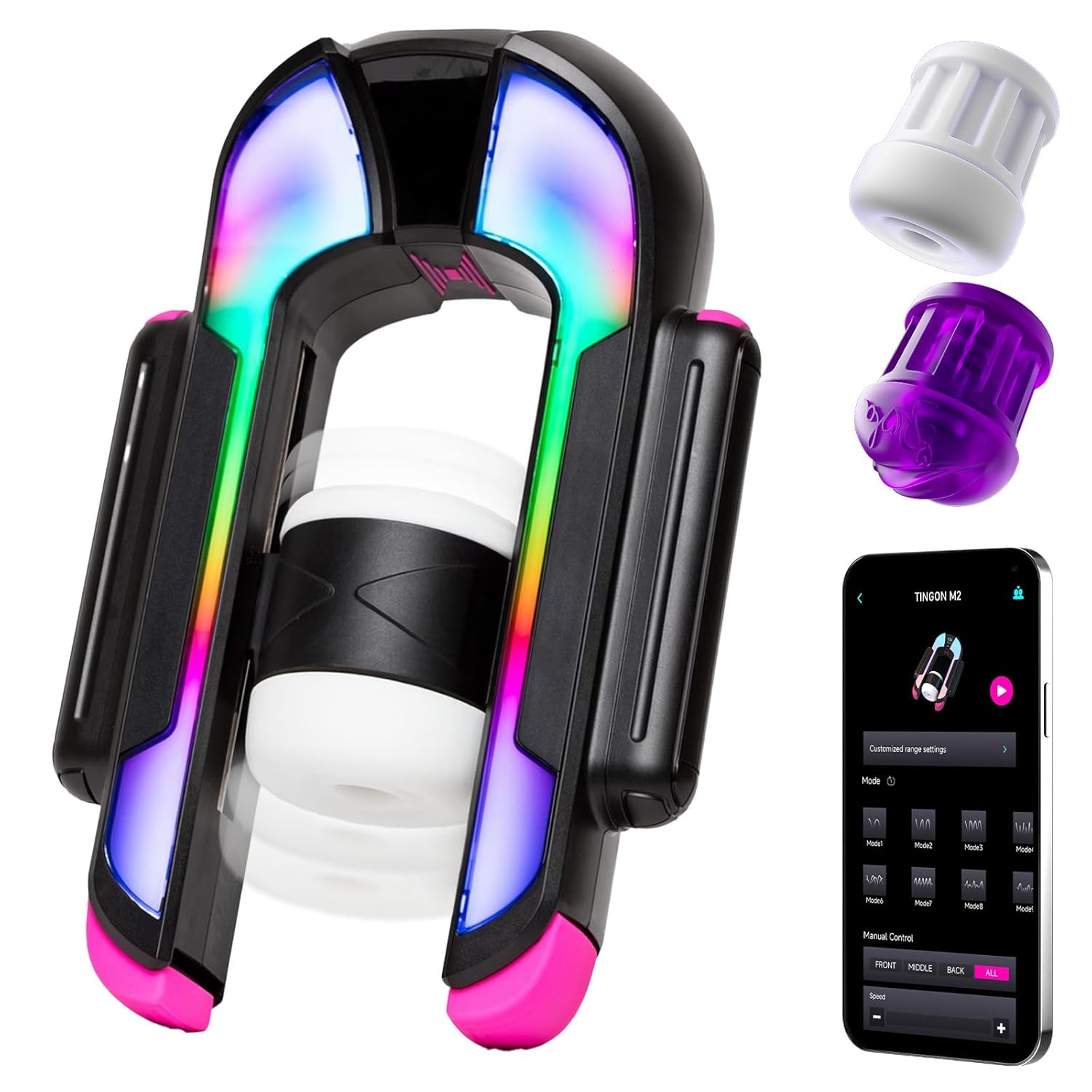 EINSEO RGB Lighting Male Masturbator 2 Sleeves Male Sex Toys for Men Up to 7 1-Inch Adjustable Stroke