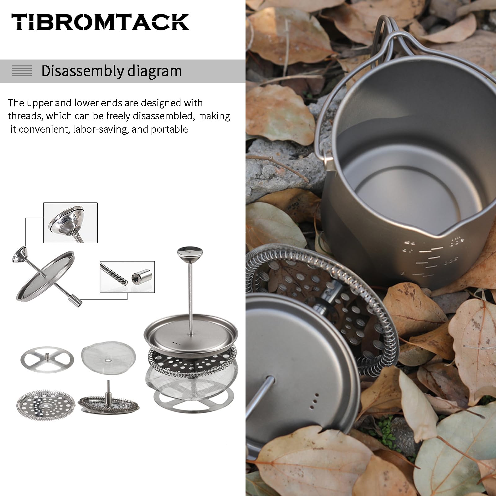 Cafetière à piston française en titane, 205 g, légère GR1 en titane pur, portable, pour camping, voyage, filtre réutilisable pour l'extérieur, thé et boissons chaudes, passe au lave-vaisselle